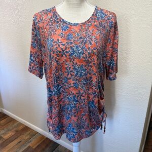 Westbound Coral and Blue Floral Short Sleeve Tie-Hem Top - Size XL